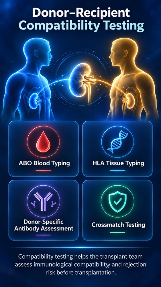 Infographic showing donor–recipient compatibility testing before kidney transplant, including ABO, HLA, donor-specific antibodies and crossmatch testing