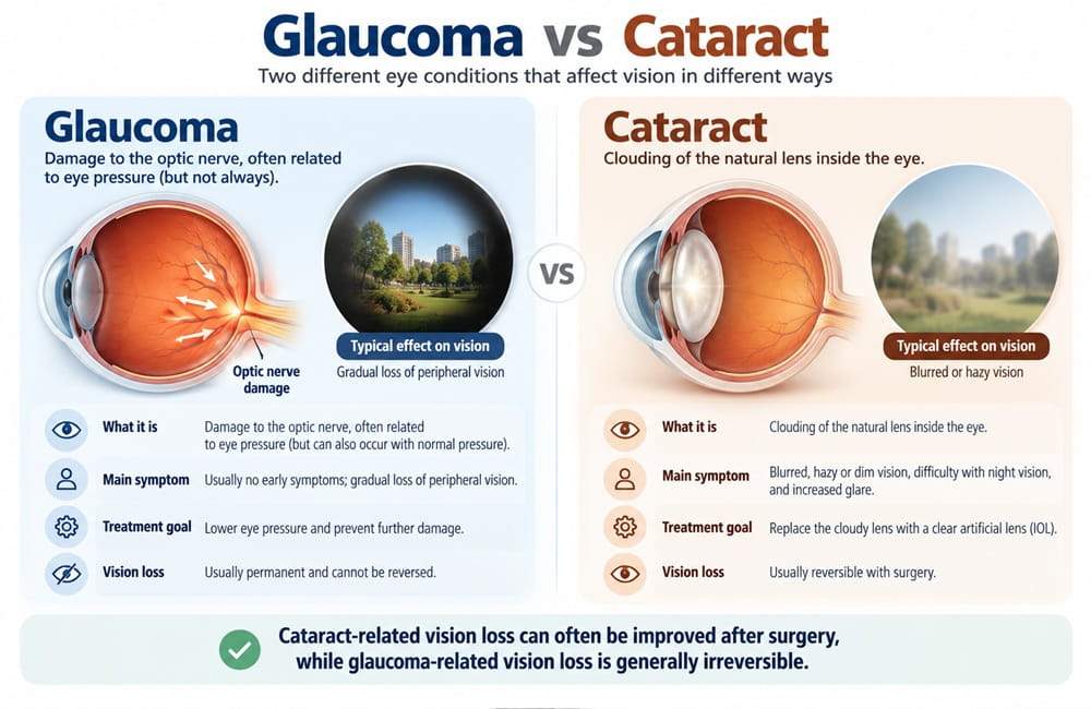 Glaucoma vs cataract comparison showing optic nerve damage and cloudy natural lens