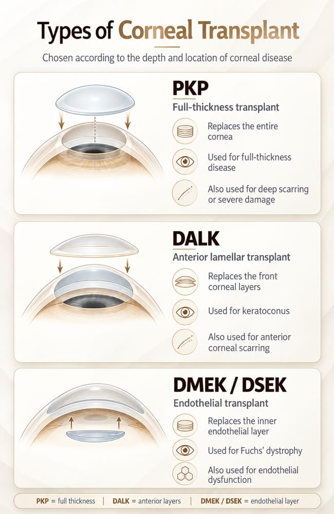 Mobile infographic showing PKP, DALK, DMEK and DSEK corneal transplant techniques