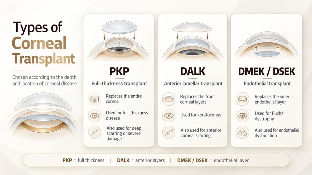 Types of corneal transplant surgery including PKP, DALK, DMEK and DSEK