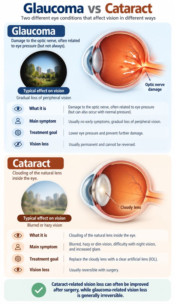 Mobile infographic comparing glaucoma optic nerve damage with cataract lens clouding