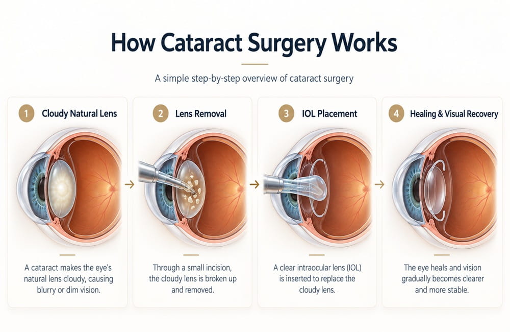 How cataract surgery works step by step with cloudy lens removal and IOL implantation