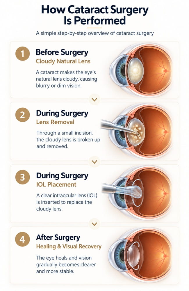Mobile infographic showing the steps of cataract surgery and IOL implantation