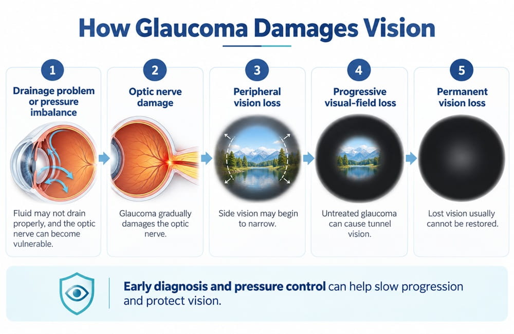 How glaucoma damages the optic nerve and causes progressive peripheral vision loss