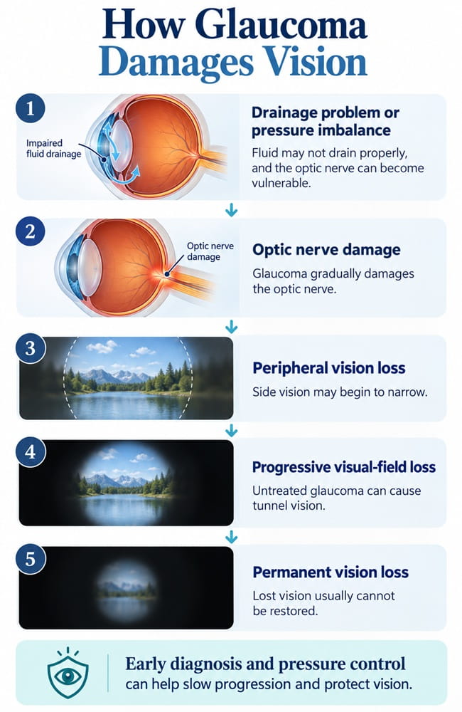 Mobile infographic showing glaucoma optic nerve damage and progressive peripheral vision loss