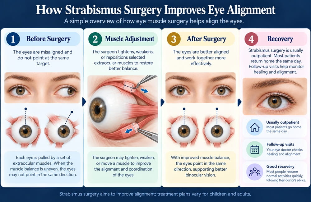 Medical infographic showing how strabismus surgery aligns the eyes step by step