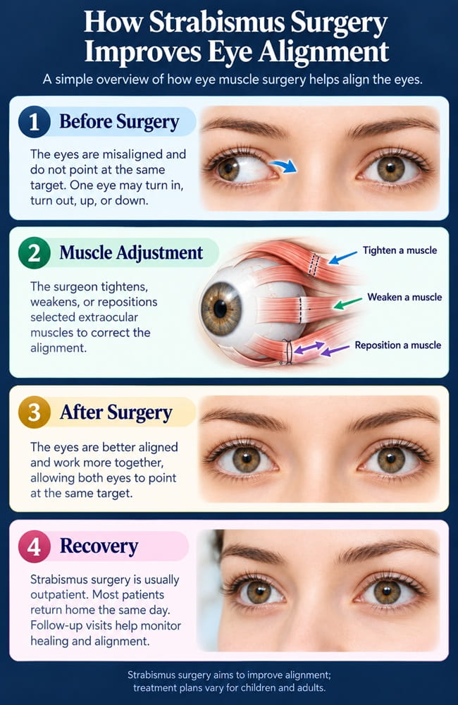 Medical infographic showing how strabismus surgery aligns the eyes step by step