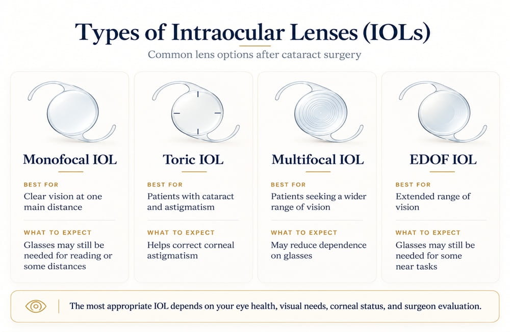 Mobile infographic comparing monofocal, toric, multifocal and EDOF intraocular lenses