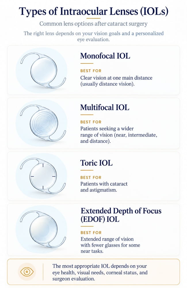 Types of intraocular lenses including monofocal, toric, multifocal and EDOF IOLs