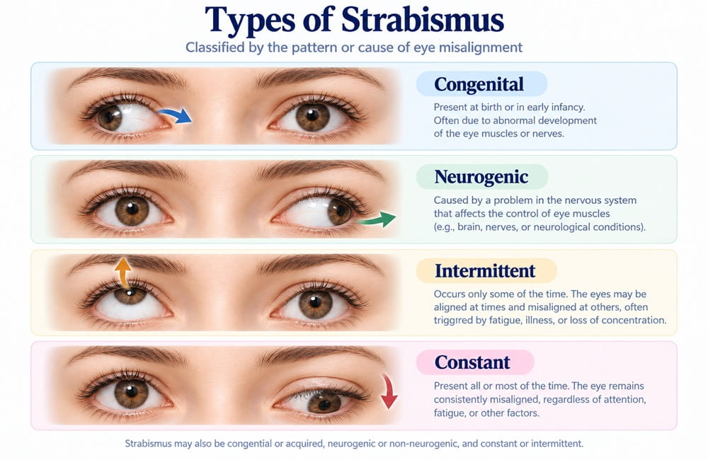 Medical infographic showing common types of strabismus and eye misalignment patterns