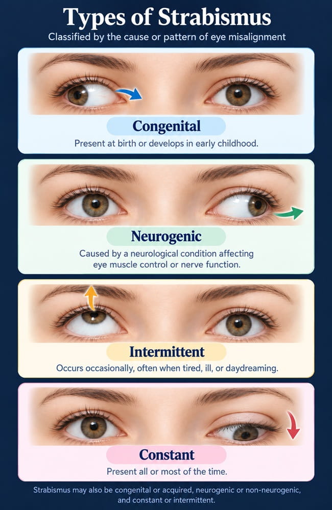 Medical infographic showing common types of strabismus and eye misalignment patterns
